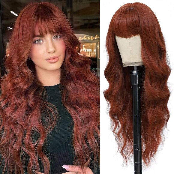 Accessories - Auburn Wig with Bangs for Women Long Wavy Wigs 26 Inch Auburn Wigs Natural Looki
